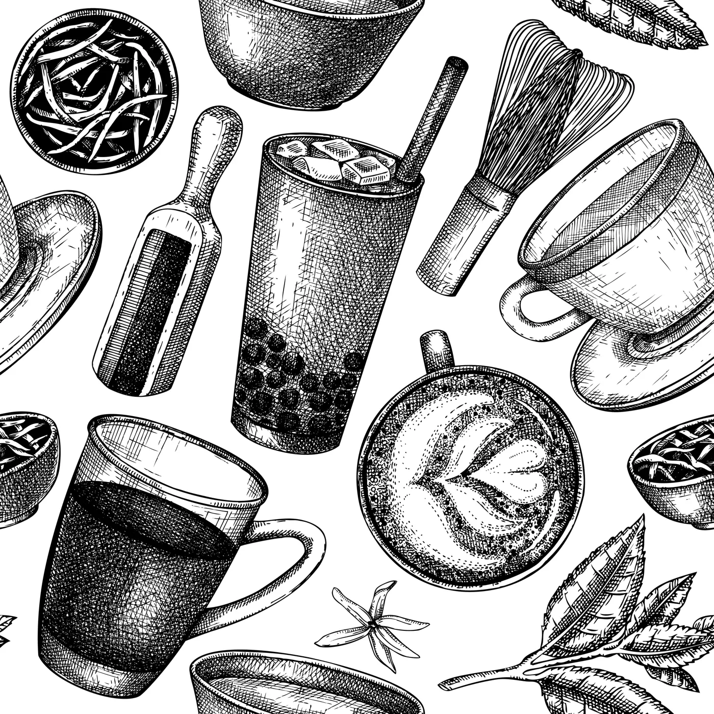 Hand-sketched tea drinks and ingredients seamless pattern. Vector backdrop with hot beverage cups, dried leaves, jasmine blossoms sketches. Popular tea background for cafe or restaurant menu design Illustration
